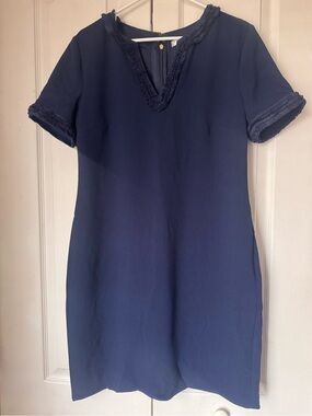 Trina Turk Navy Short Sleeve Shift Dress with Trim Detail